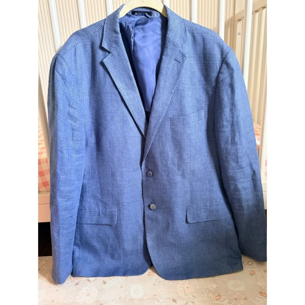 Lauren Ralph Lauren Mens 46R Blue Glen Plaid 100% Linen Sport Coat Blazer